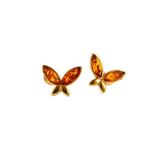 Baltic amber gold butterfly earrings with 14k gold plating.