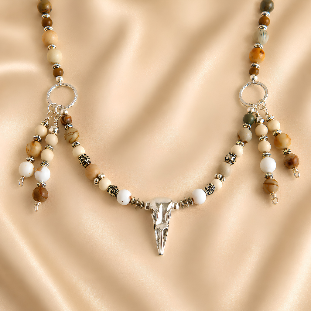 raven skull Necklace with beaded chain and cow skull pendant on a beige fabric background