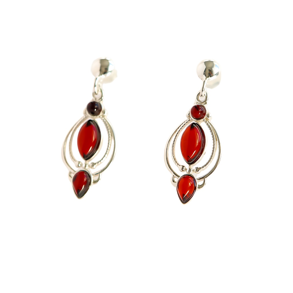 Baltic Cherry Amber Victorian style dangle earrings in sterling silver.
