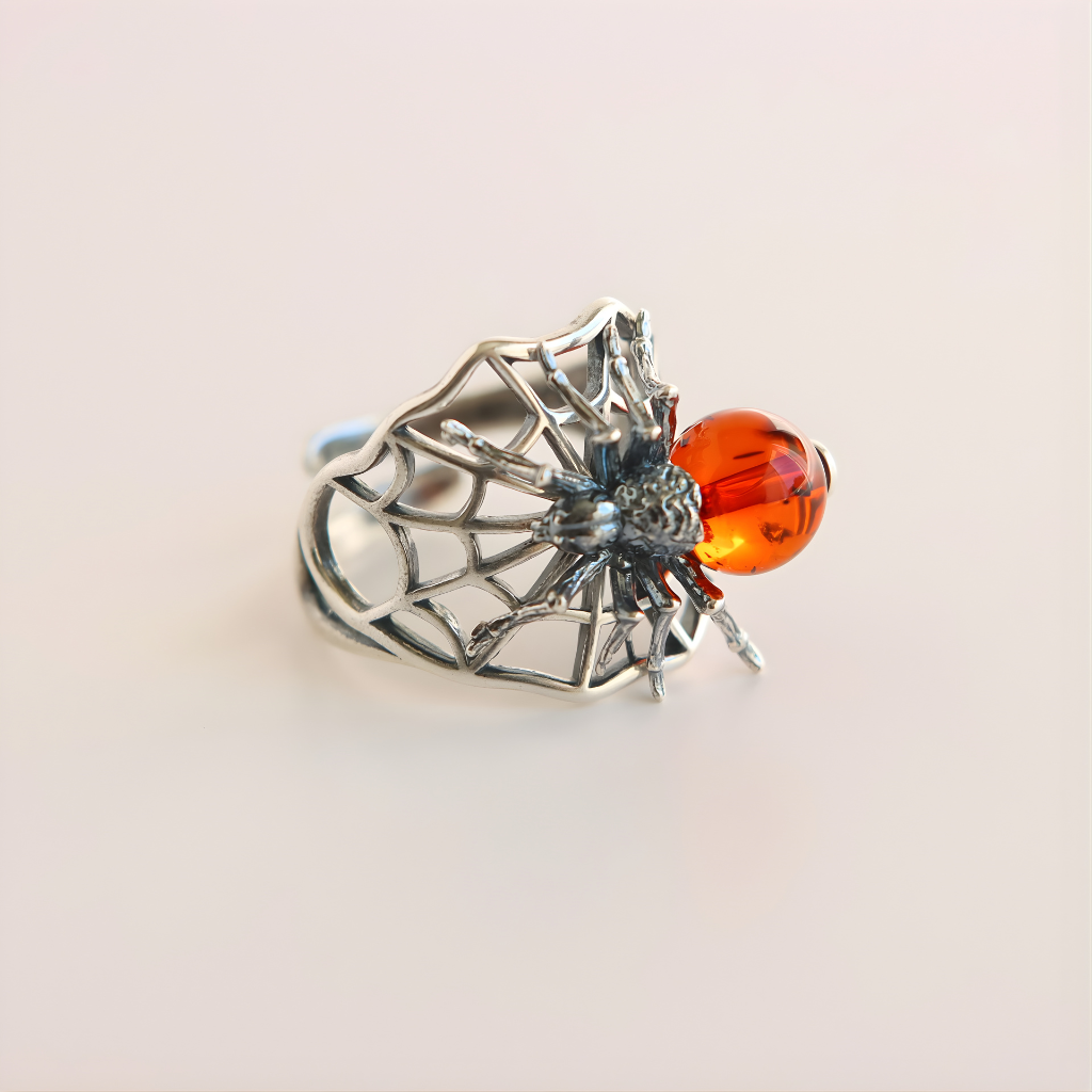 Sterling Silver ring ring with a spider and red gem on a light beige background