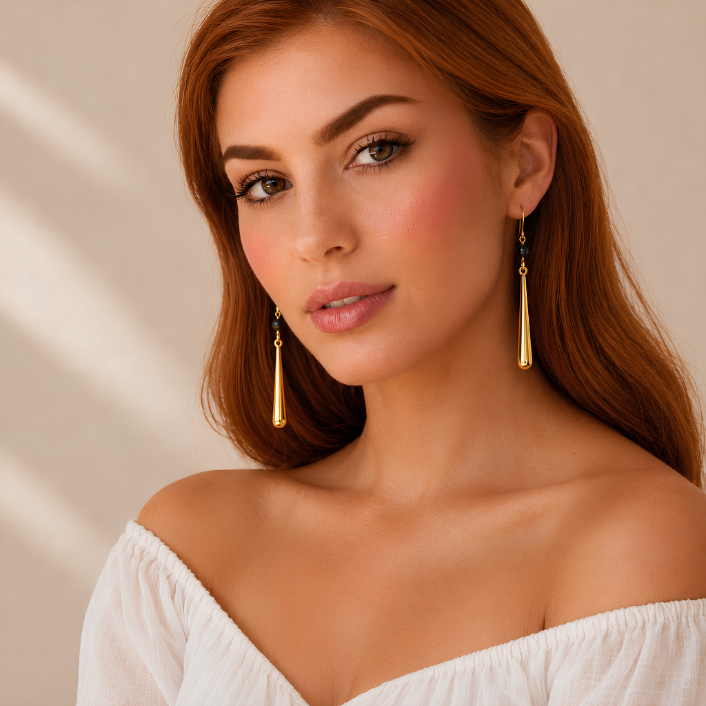 Woman wearing gold drop earrings against a neutral background
