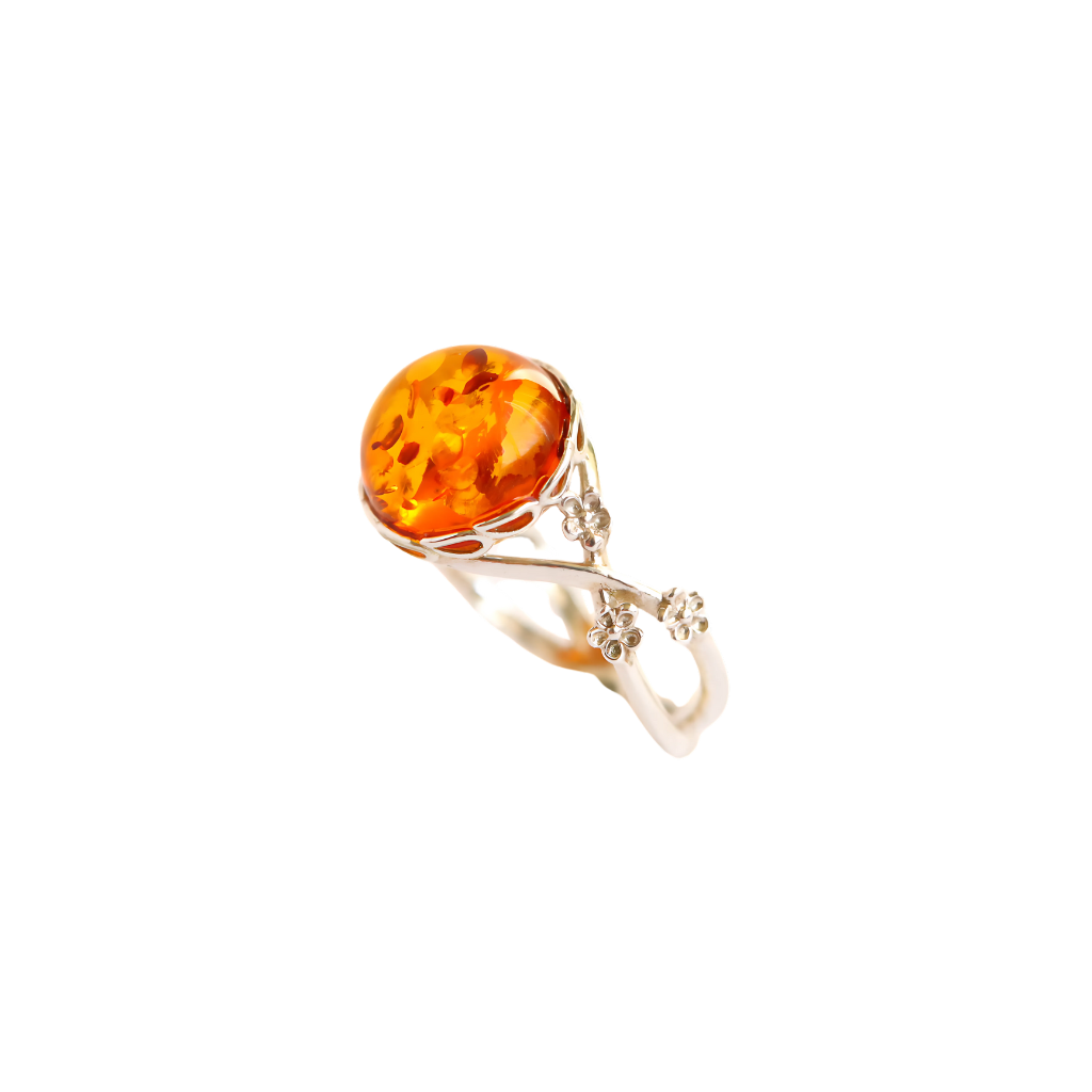 Flower Ring | Genuine Baltic Cognac Amber in 925 Sterling Silver