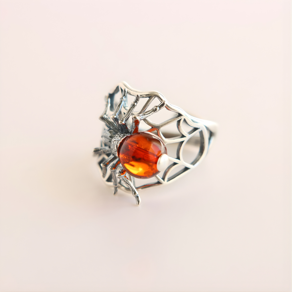 sterling Silver ring with spider with amber-colored center on a light beige background