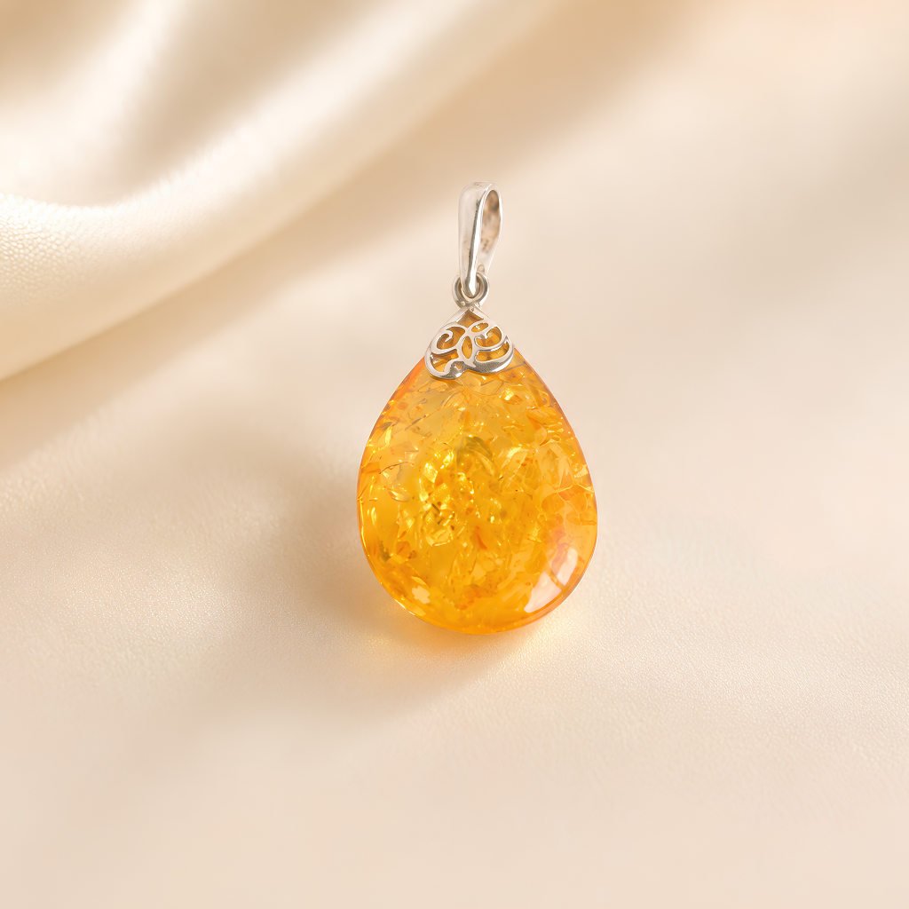 Amber pendant with silver setting on a beige fabric background