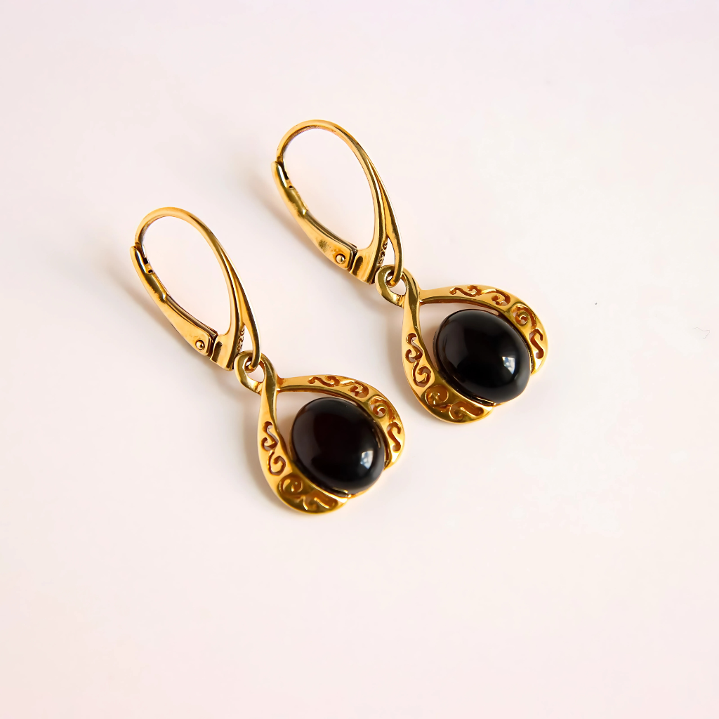 Victorian Gold Earrings-Genuine Cherry Amber in Gold Plated 925 Silver