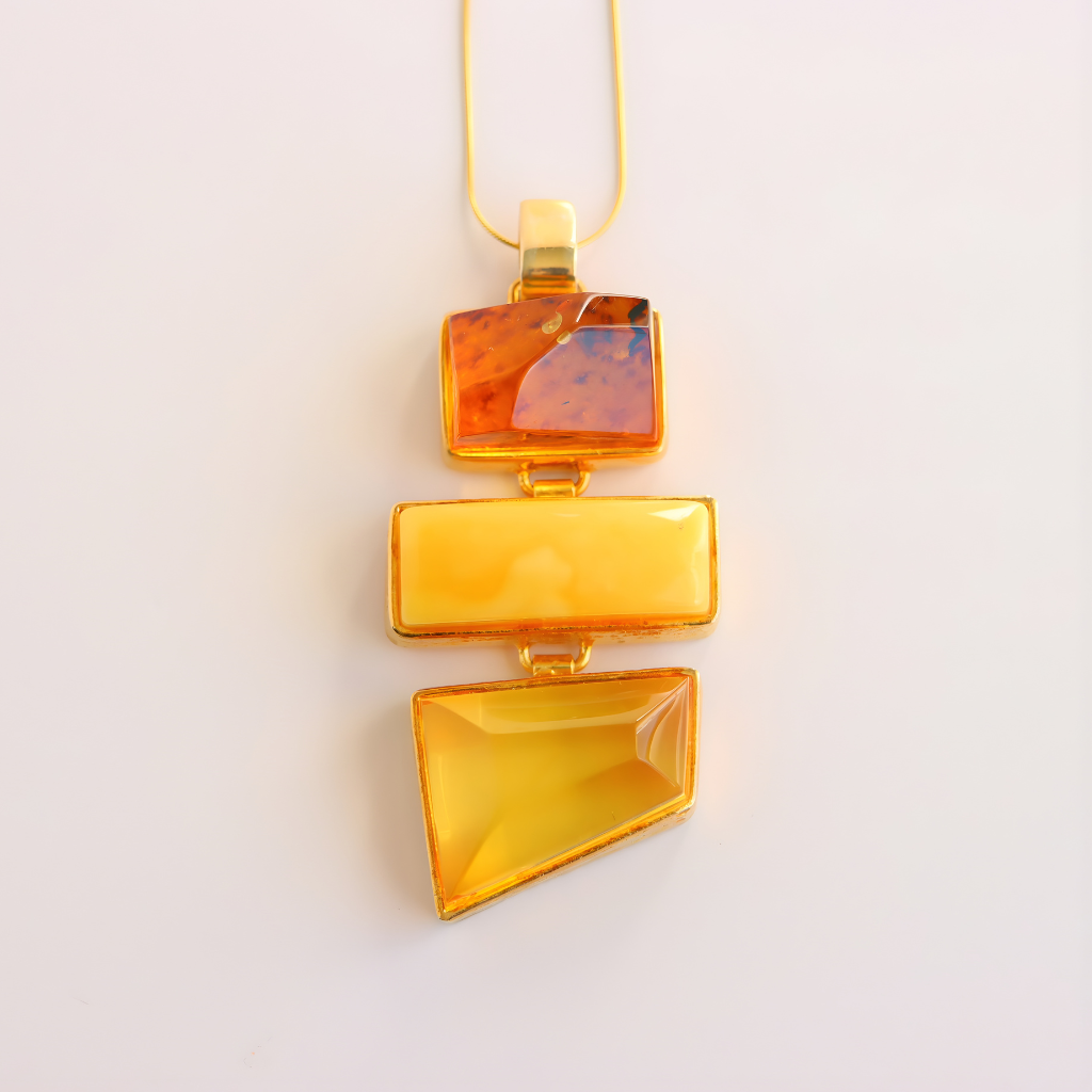 Statement Necklace with three rectangular amber-colored pendants on a light background
