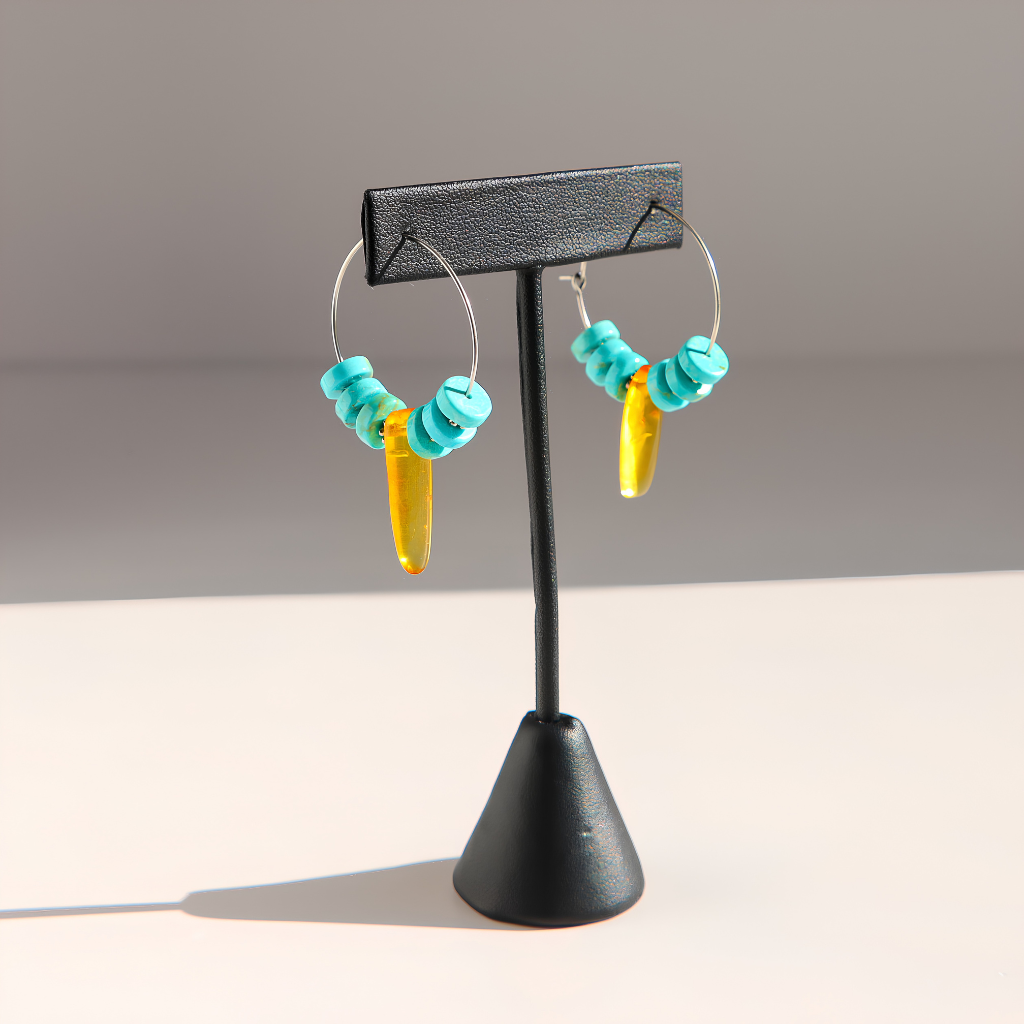 A pair of handmade  turquoise hoop earrings displayed on a black jewelry stand. The earrings feature turquoise blue spiral beads, a small silver hoop, and a dangling yellow stone accent.
