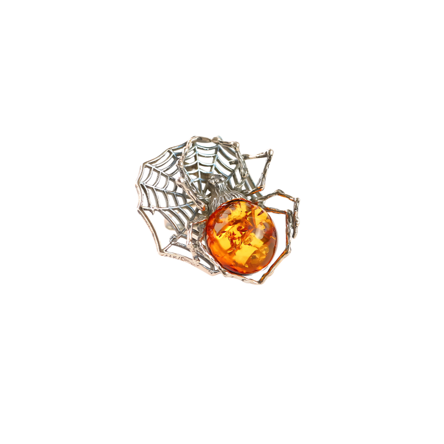 Natural Baltic Cognac Amber Adjustable Spider Statement Ring in 925 Sterling Silver