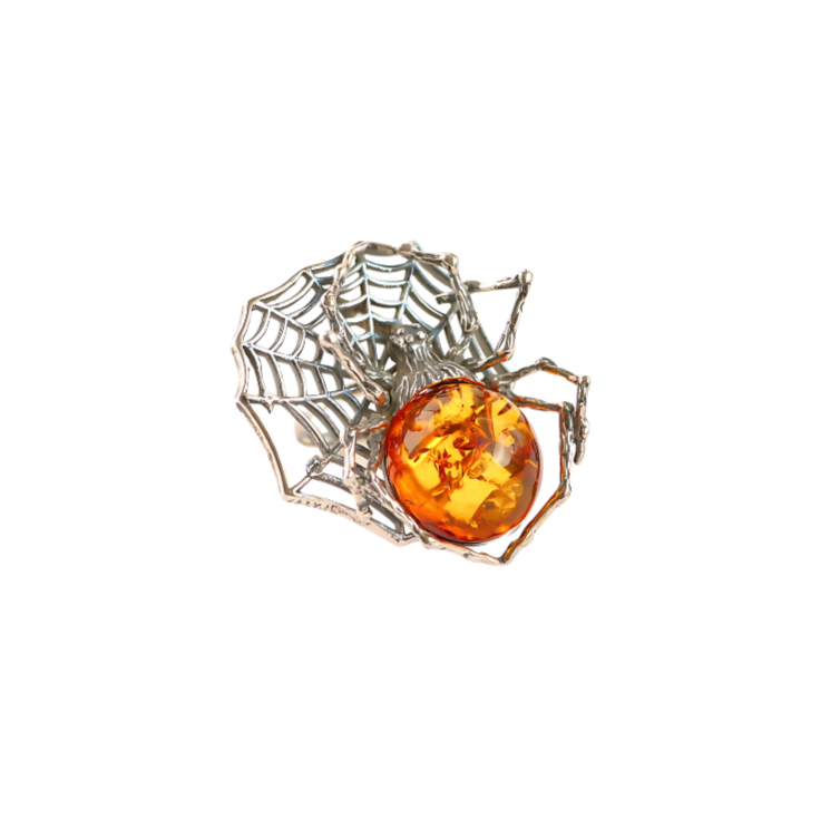 Natural Baltic Cognac Amber Adjustable Spider Statement Ring in 925 Sterling Silver