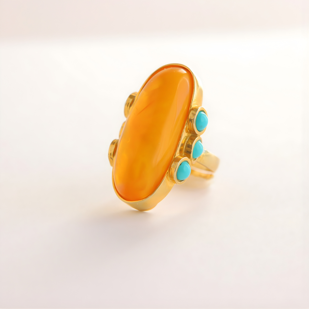 Gold amber ring with an orange stone and turquoise accents on a light background
