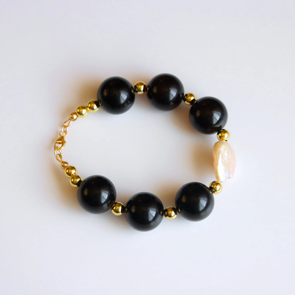 Baltic Cherry Amber Bracelet with Baroque Pearl  – 18k Gold Filled