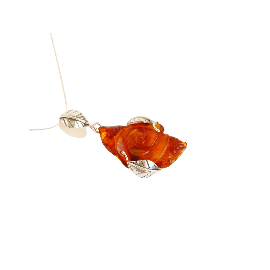 Natural Baltic Cognac Amber Hand-Carved Rose Pendant Necklace in 925 Sterling Silver