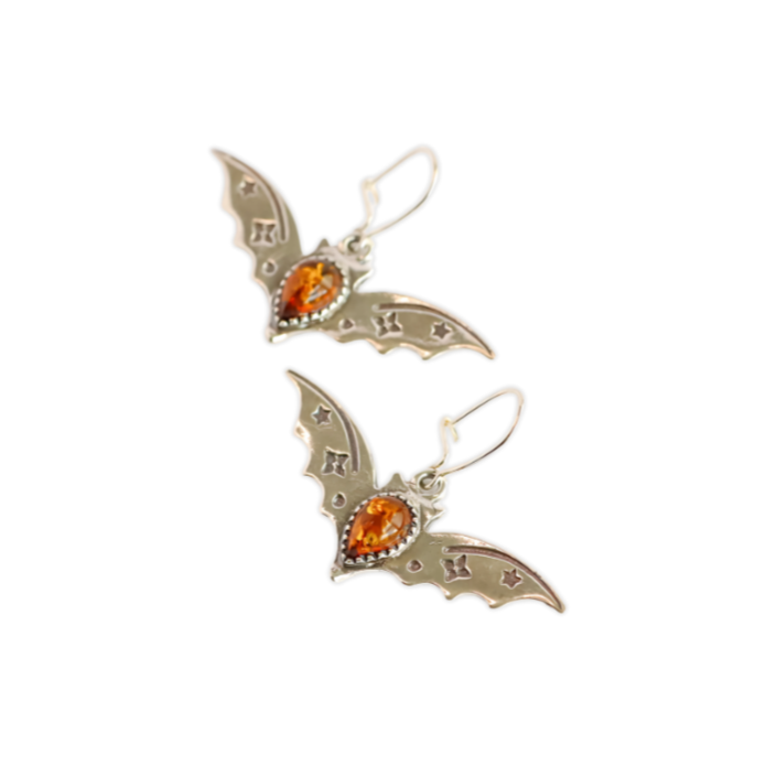 Natural Baltic Cognac Amber Luxury Bat Earrings in 925 Sterling Silver