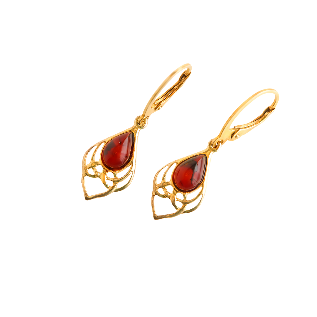 Baltic Cherry Amber antique earrings with pear-cut gemstones in tarnished 14k gold-plated silver.
