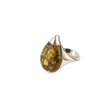 Lithuanian Baltic sea Green Amber Pear Cut Ring in 925 Sterling Silver with Sparkling Inclusions.