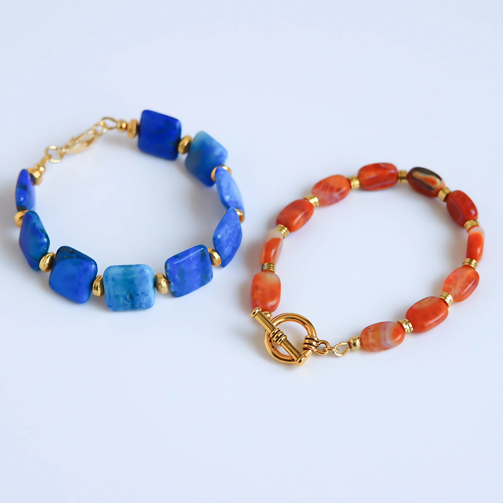 lapis bracelet and fire agate stackable. gold plated