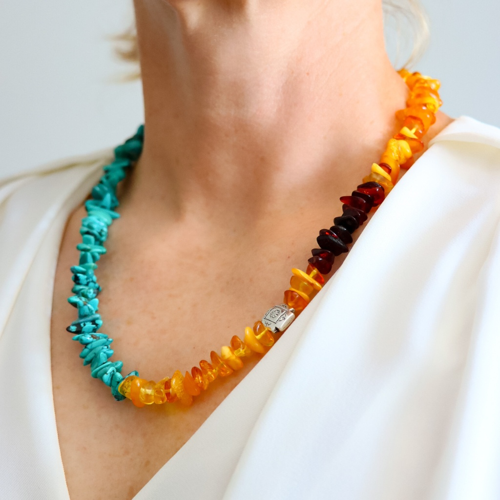 Turquoise Necklace with Baltic Amber- Southwestern Beaded Statement Piece