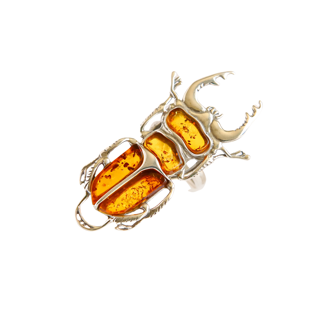 Baltic Amber Scarab Ring in 925 Sterling Silver featuring cognac amber stones and symbolic design.