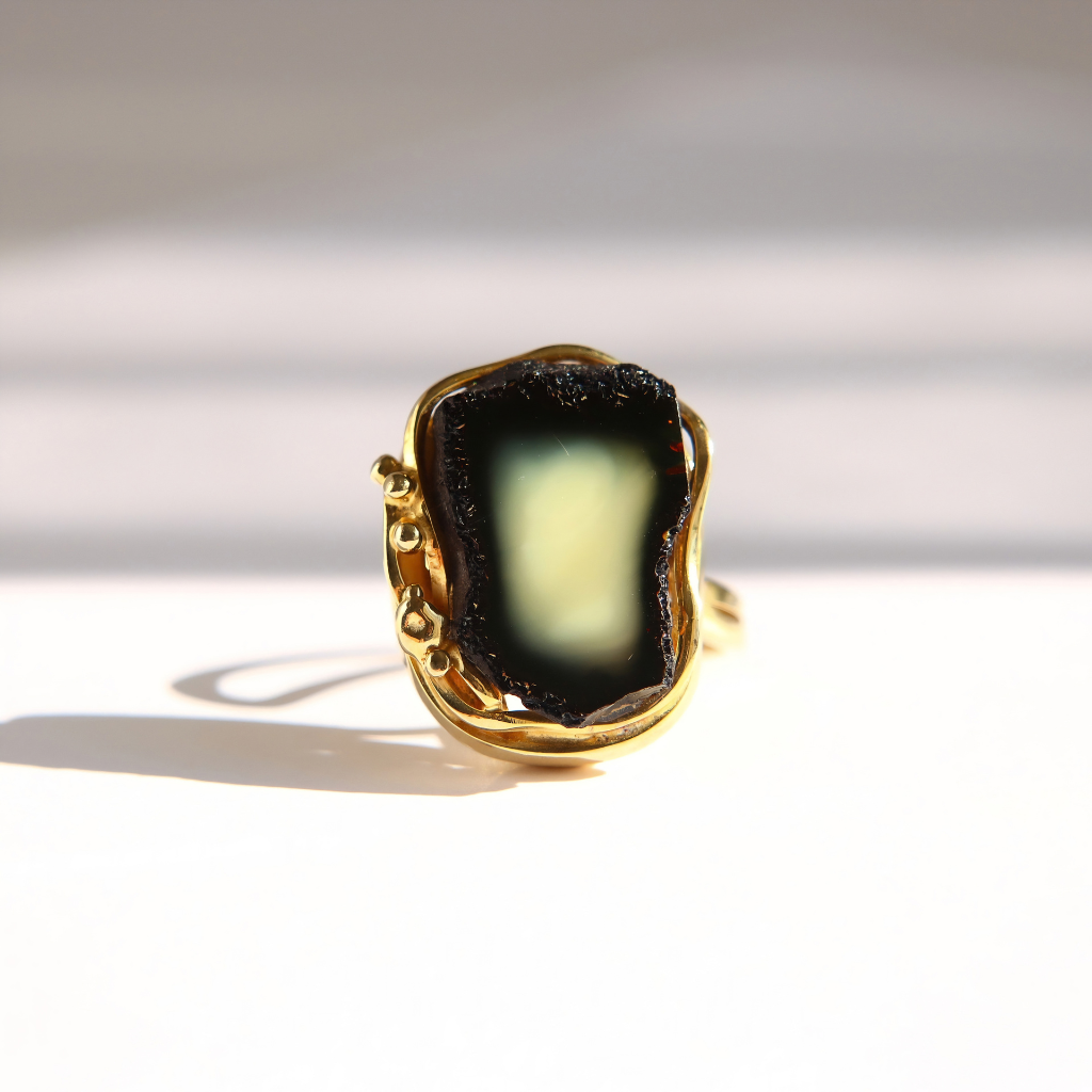 A gold amber ring featuring a large, irregularly shaped black amber stone with a pale greenish-yellow center, photographed on a white surface with soft shadows.