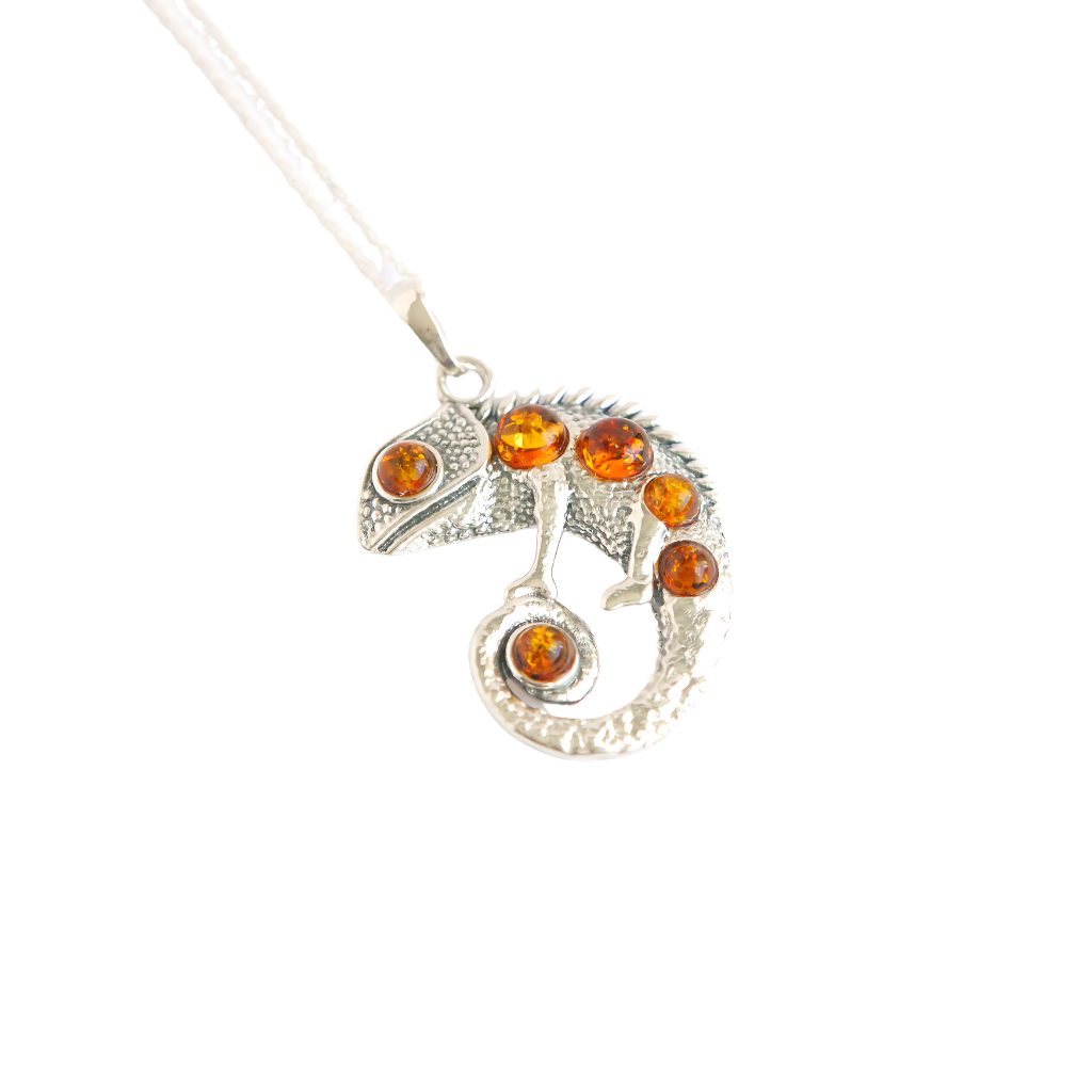 Baltic Amber Chameleon Pendant Necklace in 925 Sterling Silver