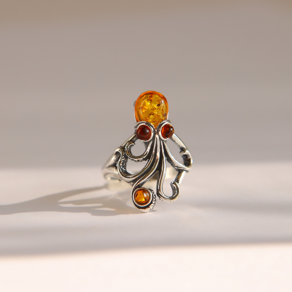 A silver amber octopus ring featuring a large oval amber stone at the top, with three smaller round amber stones set into ornate silver scrollwork, photographed on a light beige background.