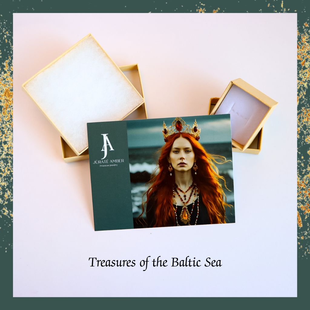 Gold Amber Earrings Baltic Amber Claw Earrings in gold-plated box with promotional card and text "Treasures of the Baltic Sea".