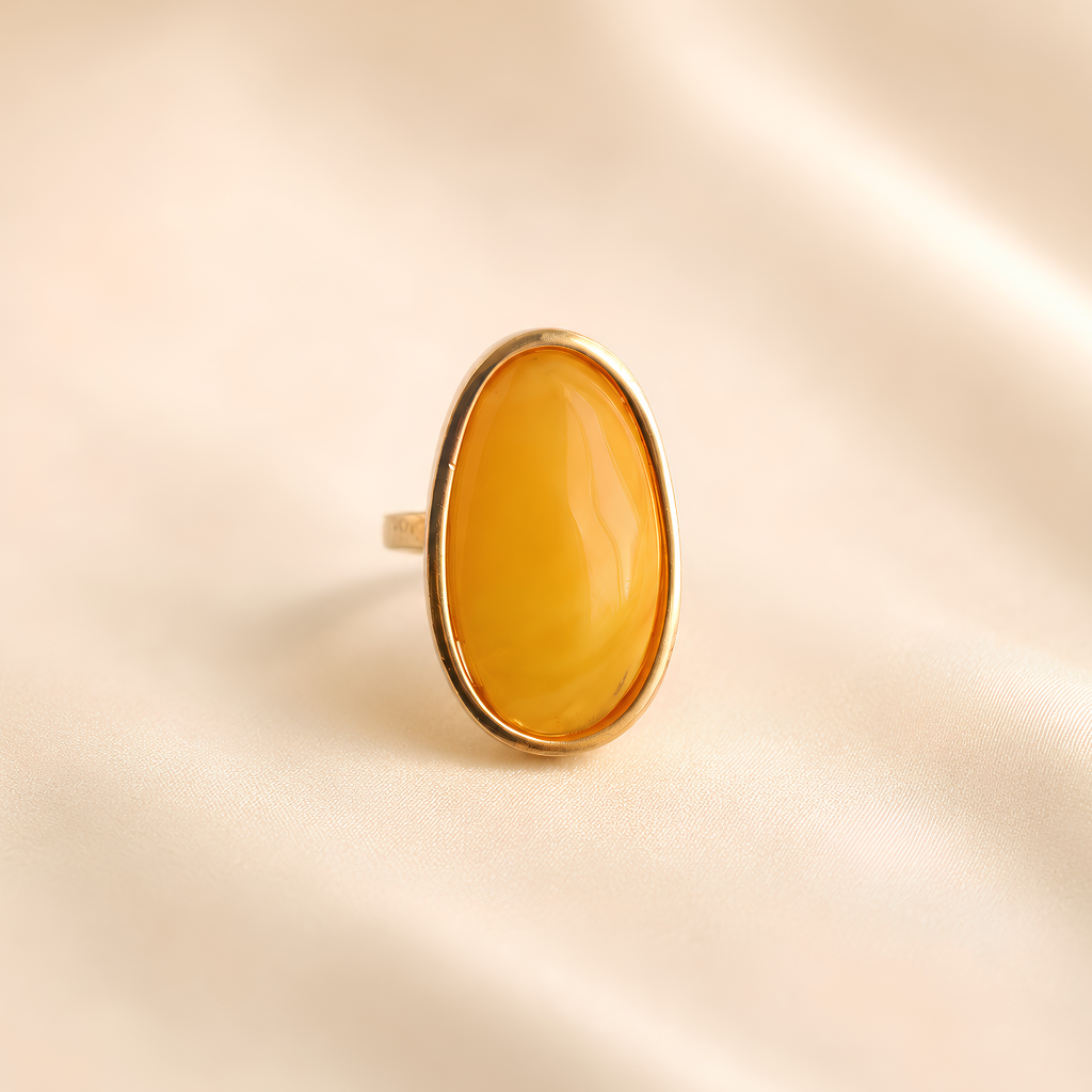 Amber Ring with a yellow stone on a beige background