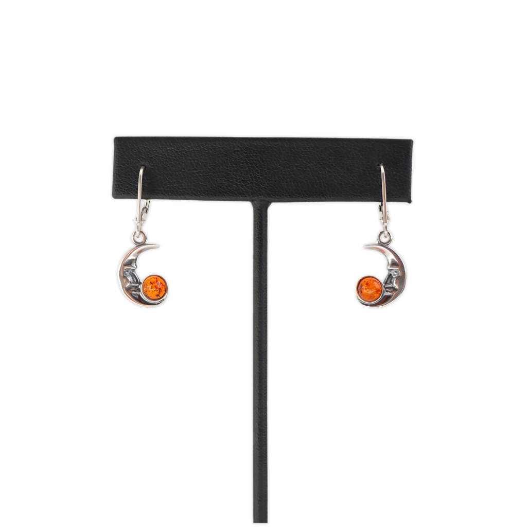 Crescent Moon Earrings|Genuine Baltic Amber|.925 Sterling Silver