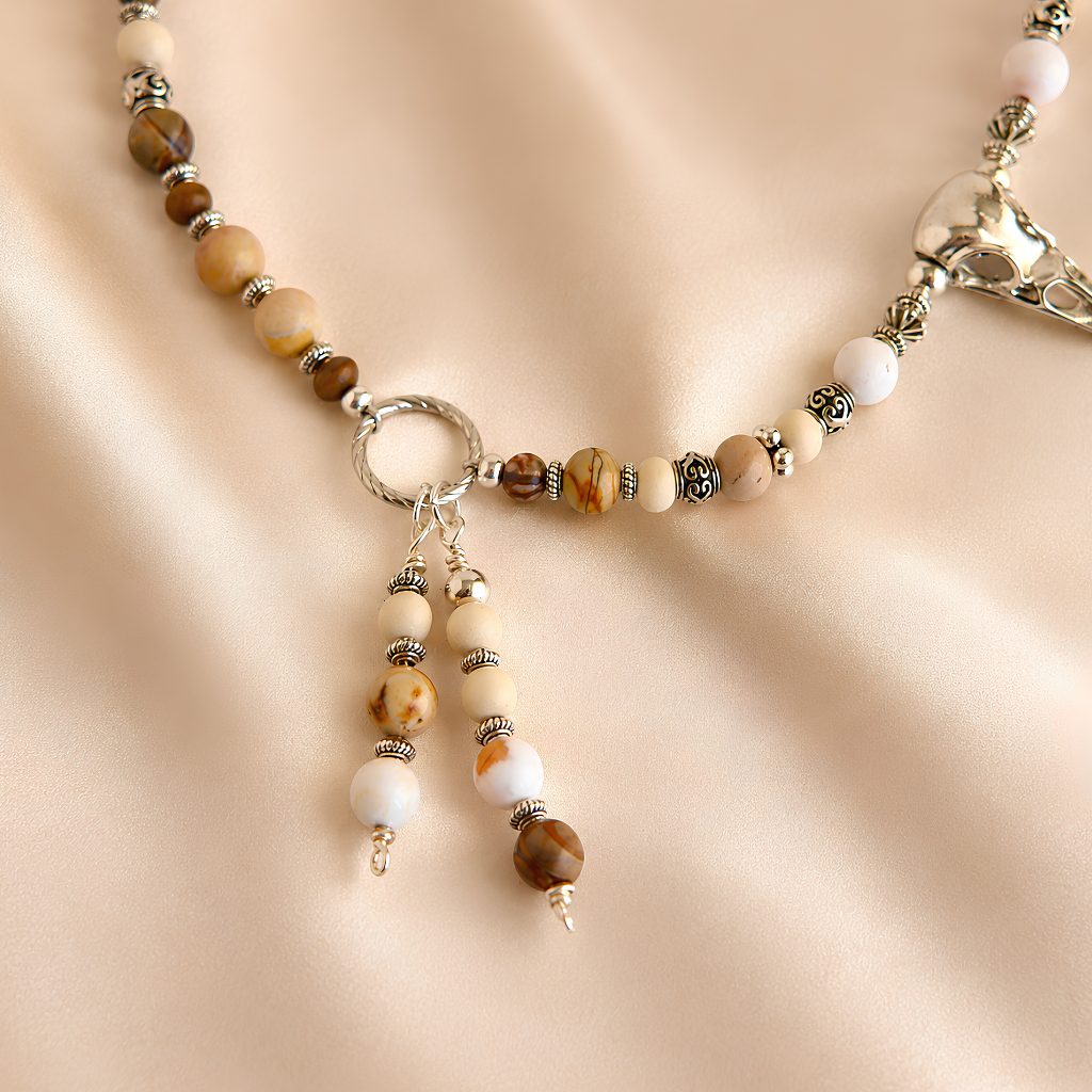 raven skull Necklace with beaded chain and pendant on a beige background