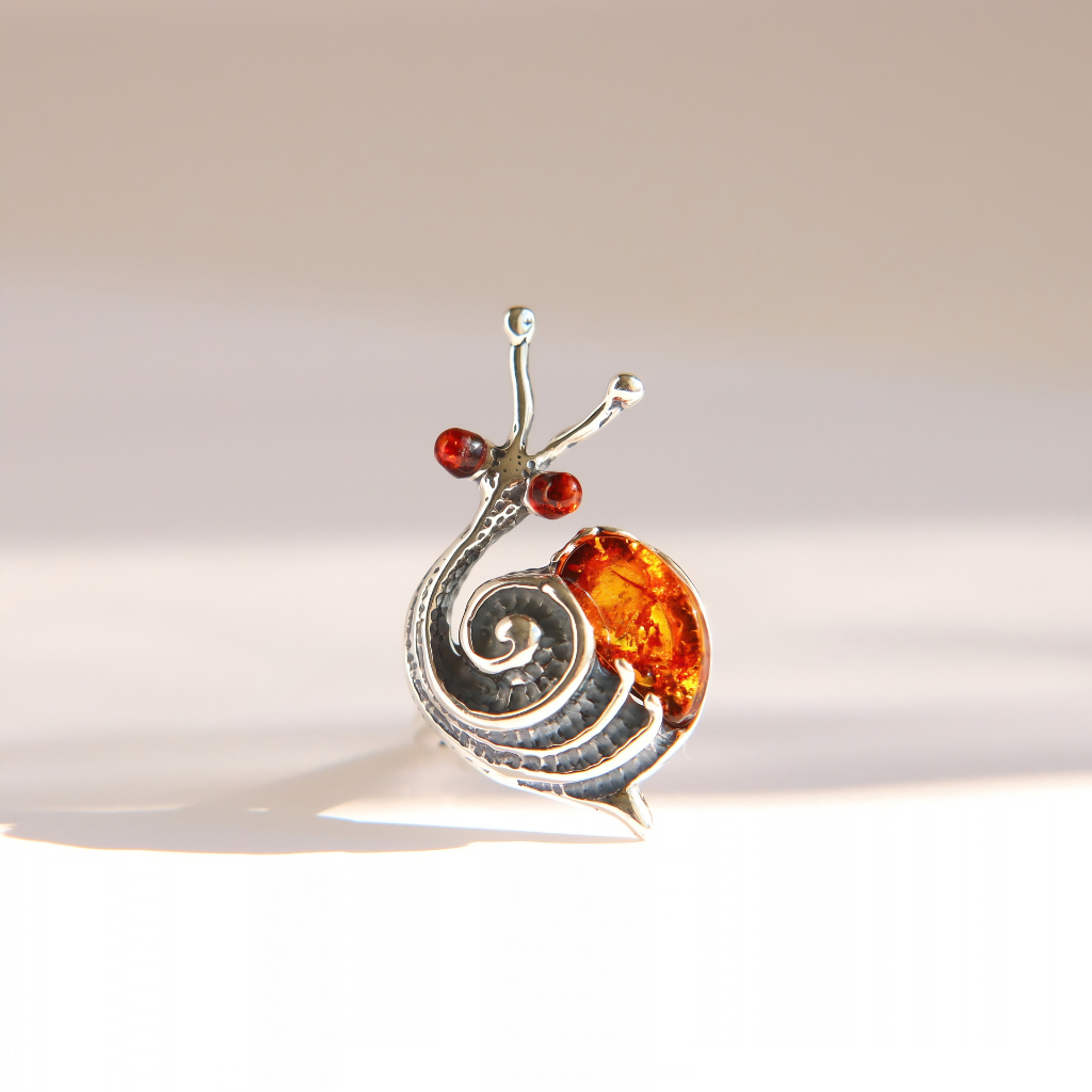 A silver Amber snail ring featuring a polished silver body and a large amber-orange shell, accented with two small red gemstones on the head, set against a warm beige background.