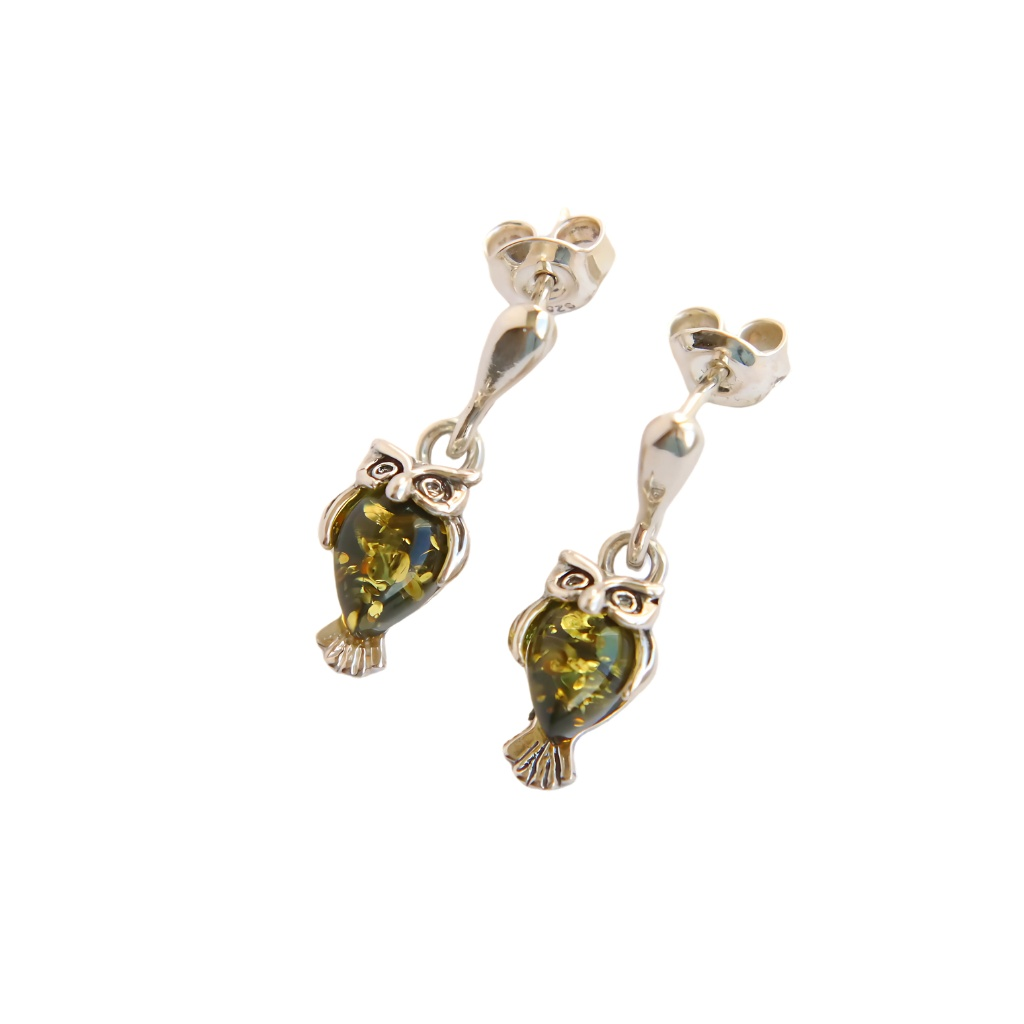 Baltic Green Amber Owl Earrings in Sterling Silver