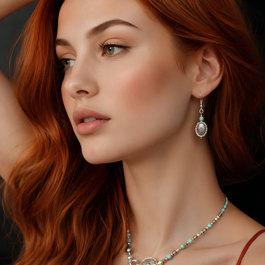 Close-up of a woman with red hair wearing western earrings and a necklace against a dark background