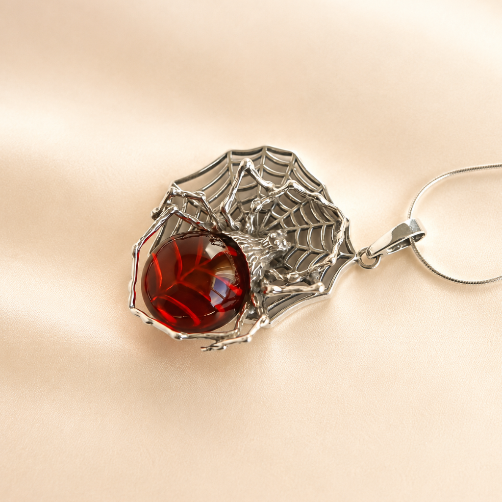 amber necklace with spider web design and red gemstone on a beige background