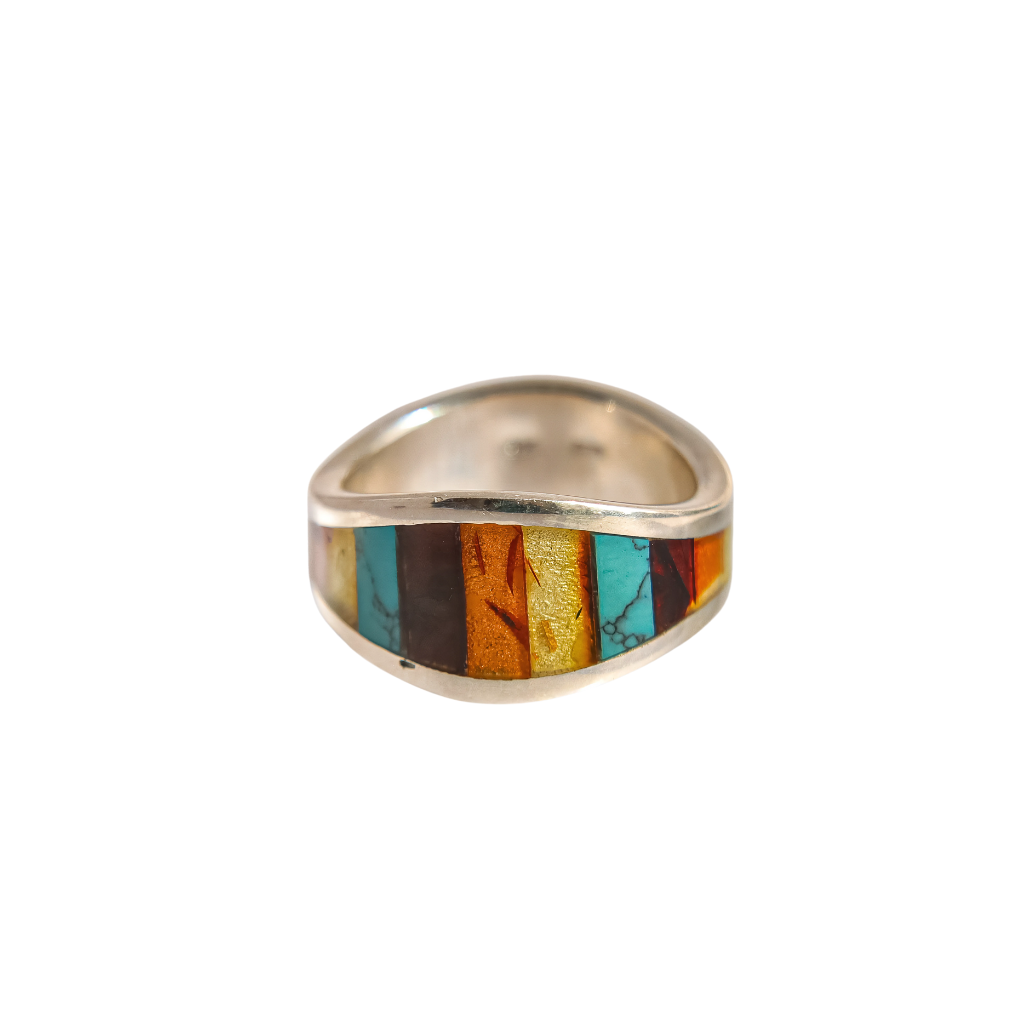 Baltic Amber and Turquoise Ring in 925 Sterling Silver featuring vibrant mosaic design.