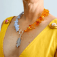 Boho Necklace with Amber, Blue Lace Agate & Feather Pendant