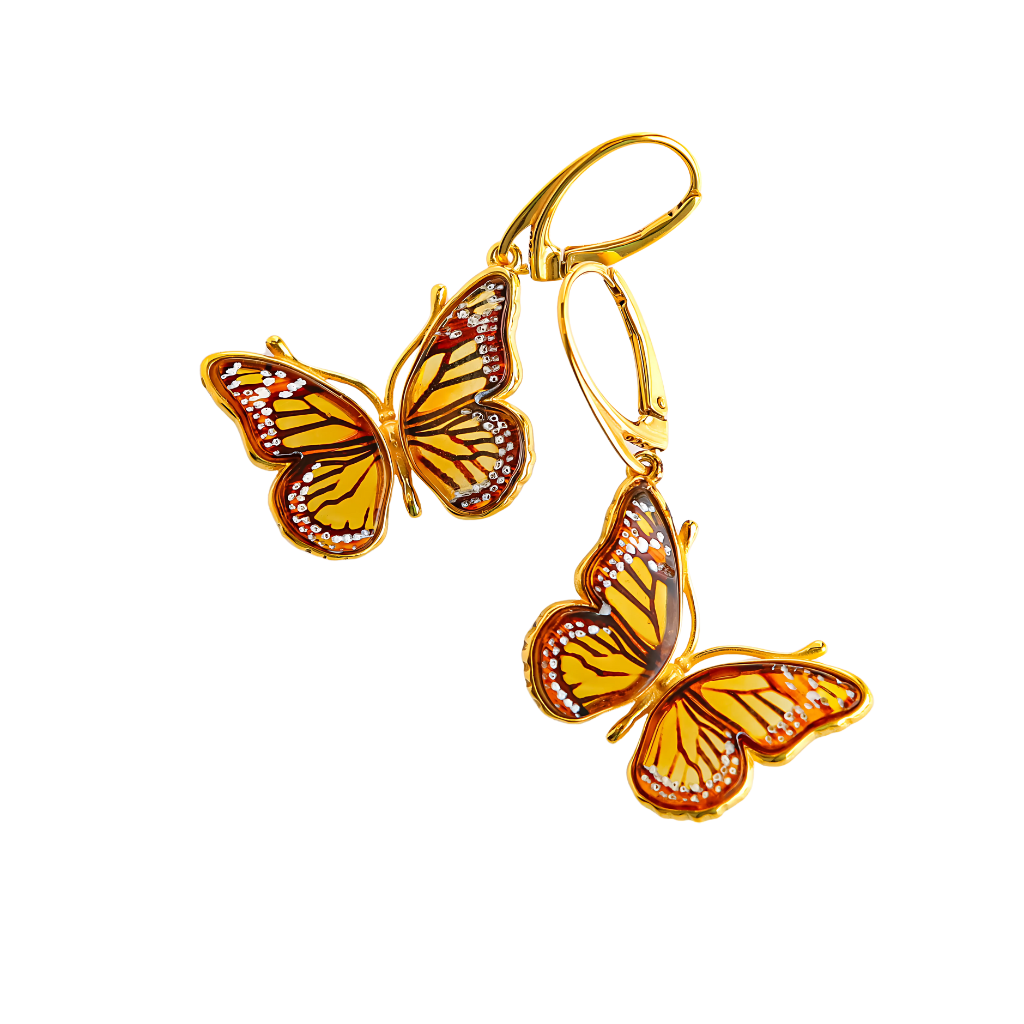 Genuine Baltic amber gold butterfly earrings in 14k gold plated s925 sterling silver.