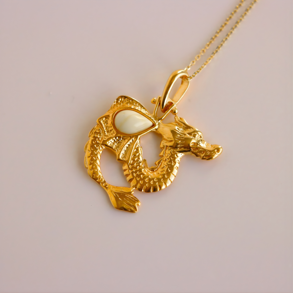 Gold dragon pendant necklace on a light gray background