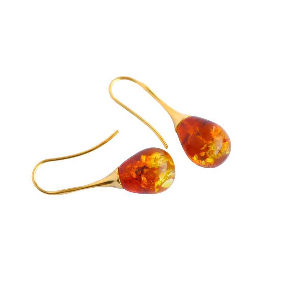 Lithuanian Amber Teardrop Earrings in 14k Gold Plated s925