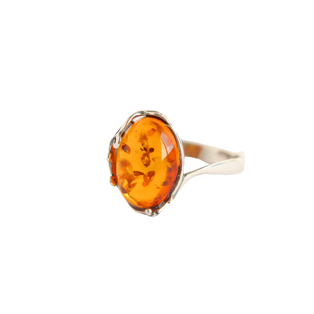 Baltic amber ring in 925 sterling silver with Victorian design and cognac amber stone.