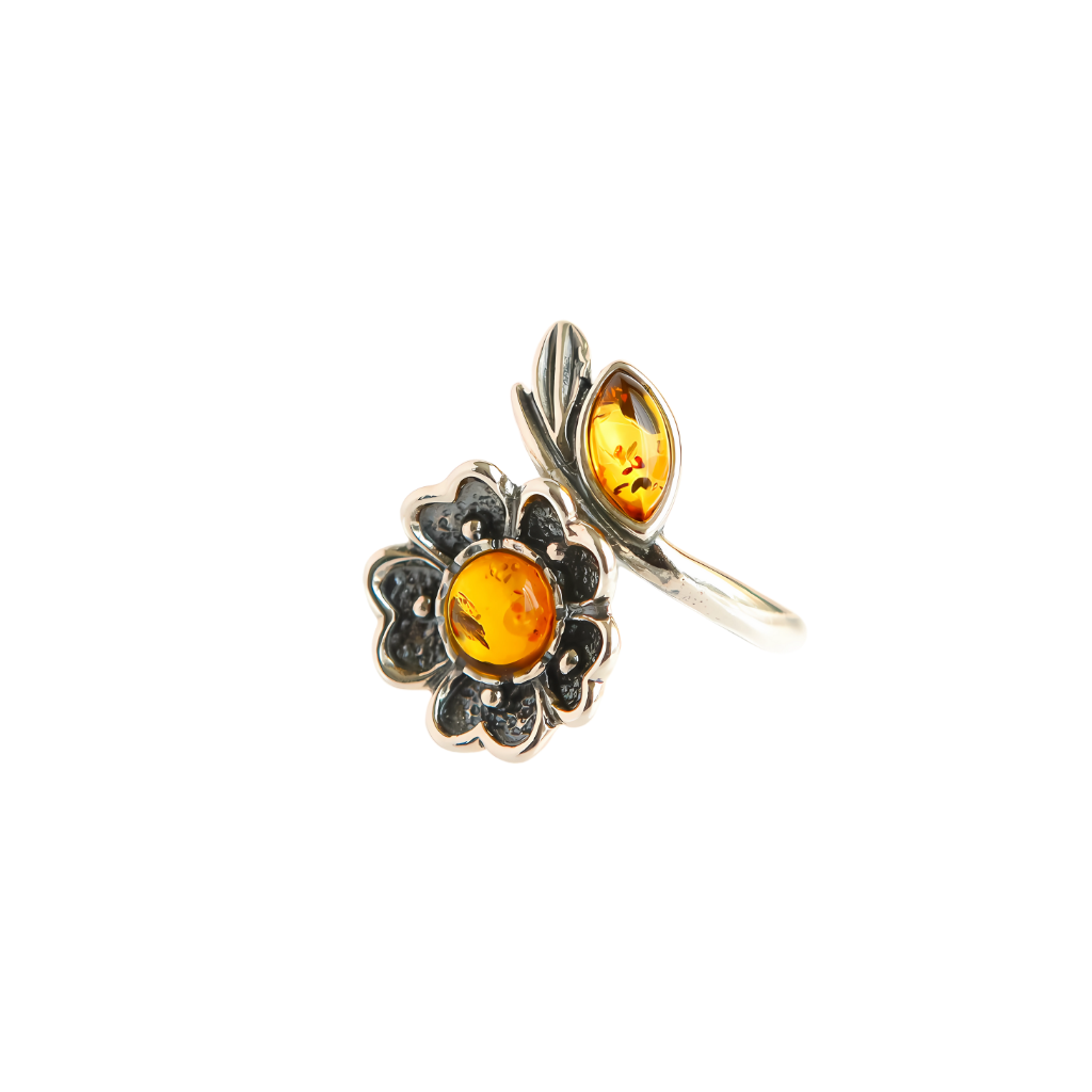 Natural Baltic Cognac Amber adjustable flower ring with antique 925 sterling silver band.