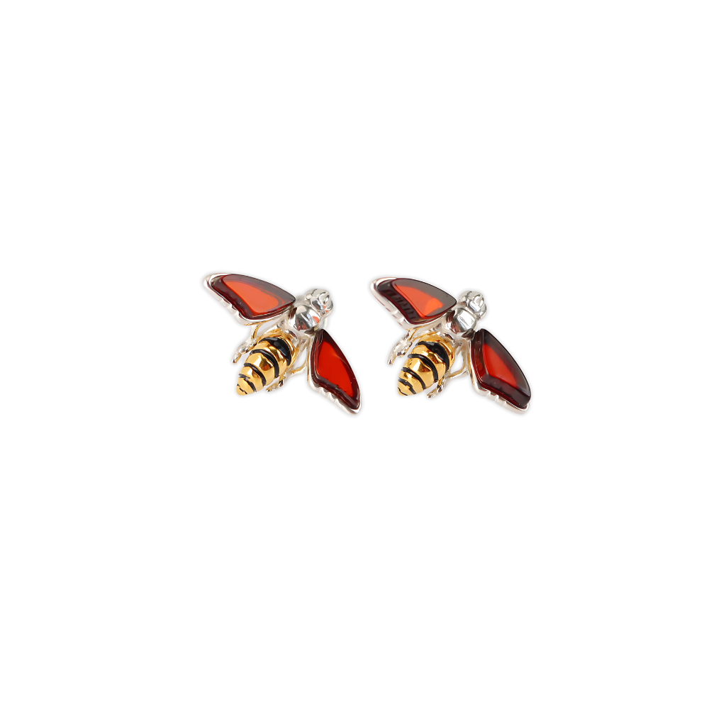 Amber Bee Earrings - Baltic Velvet Red Amber & 14k Gold