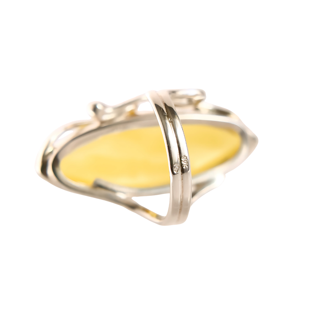 Natural Baltic lemon amber marquise cut sterling silver statement ring, handcrafted with adjustable band.