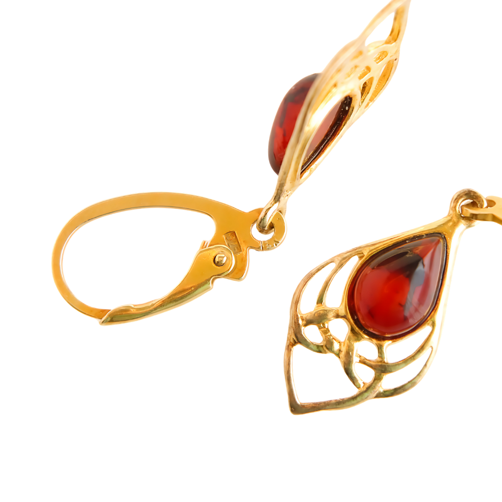 Baltic Cherry Amber earrings with filigree design in tarnished 14k gold-plated s925.