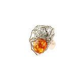 Natural Baltic Cognac Amber Adjustable Spider Statement Ring in 925 Sterling Silver