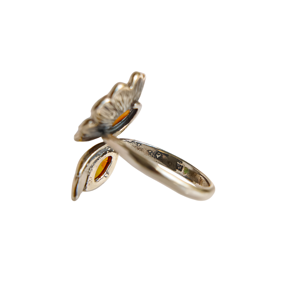 Natural Baltic Cognac Amber Adjustable Flower Ring with Sterling Silver Band