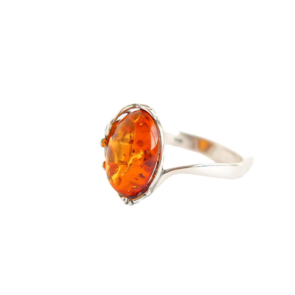 Baltic Amber Ring in 925 Sterling Silver with Victorian Era Design featuring oval-cut cognac amber stone.