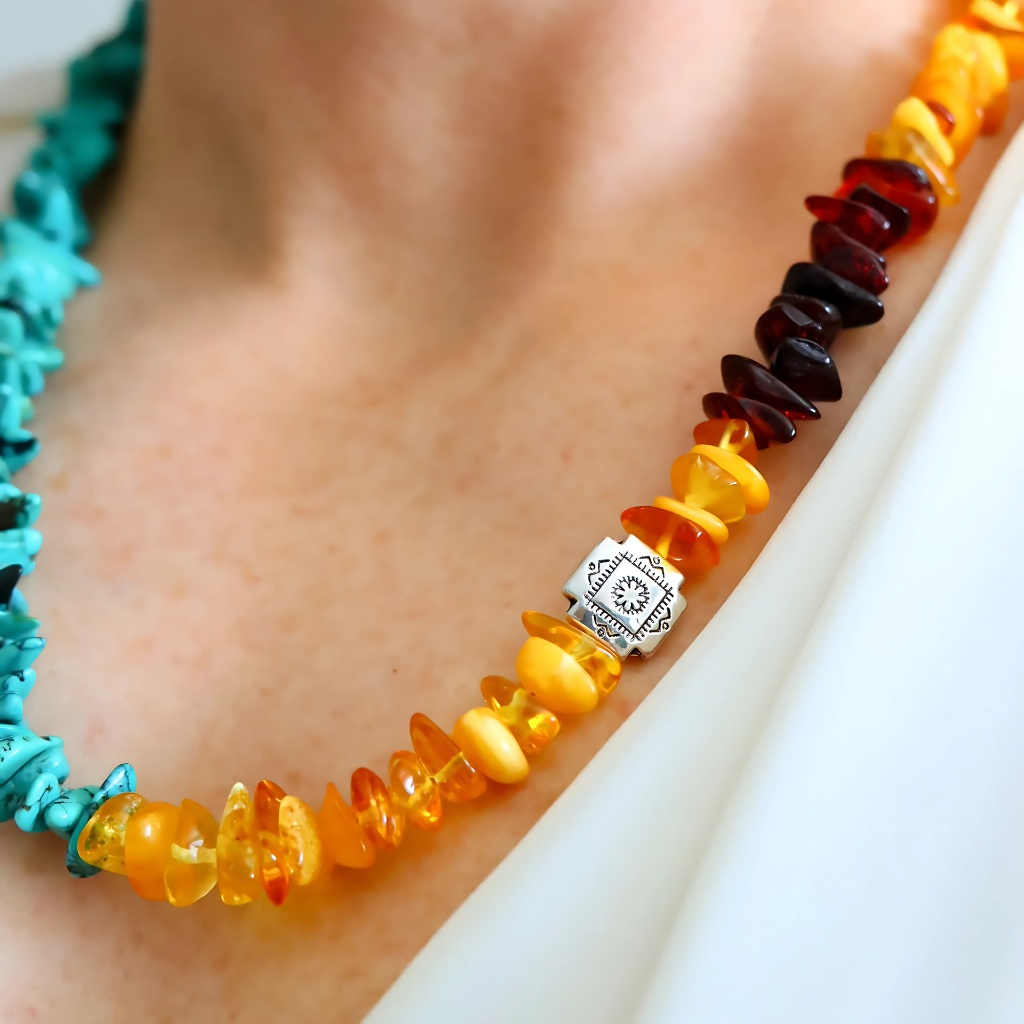 Turquoise Necklace with Baltic Amber- Southwestern Beaded Statement Piece
