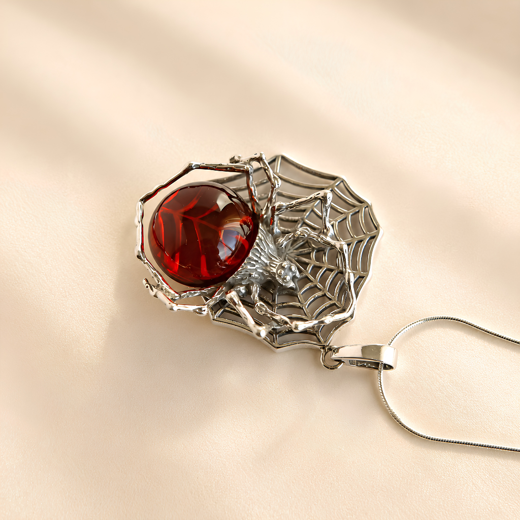 Silver spider amber necklace with a red gemstone and spider web design on a beige background