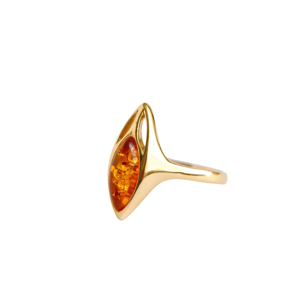 14K Gold Marquise Cut Cognac Gold Amber Ring with Baltic design and polished finish.
