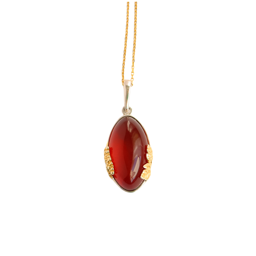 Victorian Pendant Necklace - Cherry Amber, 14k Gold Plated 925 Sterling Silver